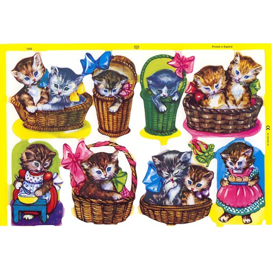 Whimsical Kitty Cats in Baskets Scraps ~ England